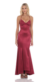 Satin Open Back Mermaid Maxi Dress in Maroon