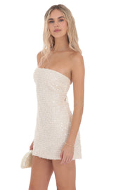 Knit Sequin Strapless Dress in Ivory