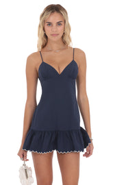 Scallop Ruffle Dress in Navy