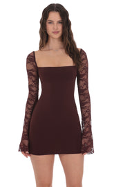 Lace Long Sleeve Bodycon Dress in Brown