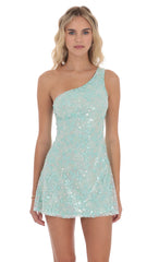 Sequin Floral One Shoulder Dress in Seafoam