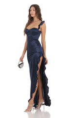 Satin Ruffle Maxi Dress in Navy