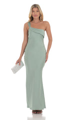 Satin One Shoulder Tassel Maxi Dress in Sage