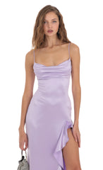 Venus Satin Ruffle Dress in Lavender