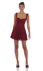 Lace Ruffle Strap A-Line Dress in Burgundy