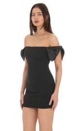 Off Shoulder Bow Sleeves Dress in Black