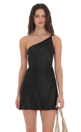 Satin One Shoulder Open Back Dress in Black