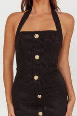 She Is Button Front Halter Midi Dress Tweed Black