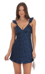 Satin Floral Open Back Slip Dress in Navy