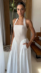 Sammi Halter Midi Dress - Sand/White