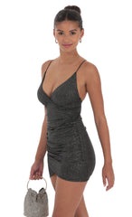 Shimmer Ruched Cross-Back Dress in Black