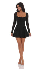 Rhinestone Draped Fit and Flare Dress in Black