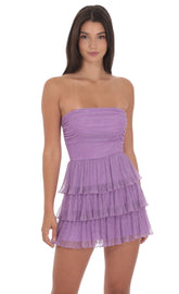Shimmer Pleated Ruffle Dress in Purple