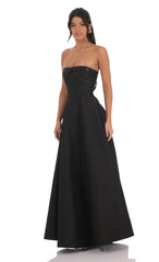 Sequin Draped Strapless Gown in Black