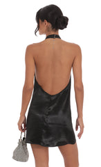 Satin Halter Shift Dress in Black