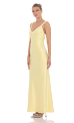 Satin Open Back Maxi Dress in Yellow