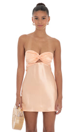 Satin Strapless Twist Cutout Dress in Peach