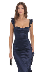 Satin Ruffle Maxi Dress in Navy