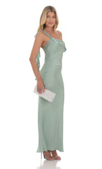 Satin One Shoulder Tassel Maxi Dress in Sage