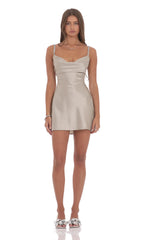 Rhinestone Strap Satin Dress in Taupe