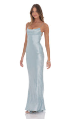 Crinkle Satin Open Back Maxi Dress in Sky Blue