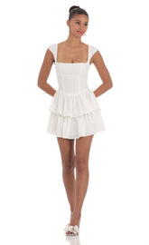 Wide Strap Ruffle Dress in White
