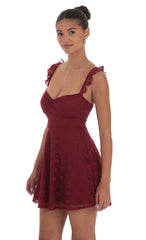 Lace Ruffle Strap A-Line Dress in Burgundy