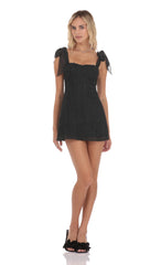 Rosette Shoulder Tie Dress in Black