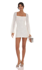 Sequin Balloon Sleeve Dress in White