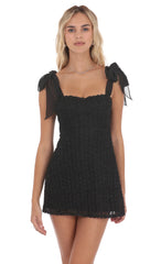 Rosette Shoulder Tie Dress in Black