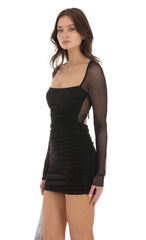 Pleated Mesh Bodycon Dress in Black