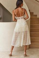 Daytona Lace Overlay Padded Bust Midi Dress Beige