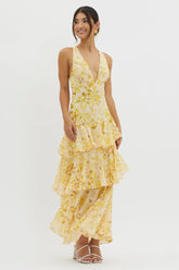 Veda Strappy Back Ruffle Midi Dress Floral Yellow