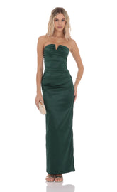 Satin V-Strapless Maxi Dress in Green