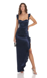 Satin Ruffle Maxi Dress in Navy