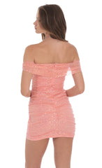 Iridescent Sequin Off Shoulder Dress in Coral