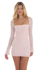 Knit Sequin Long Sleeve Dress in Pink