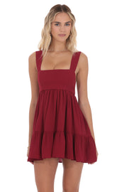 Square Neckline Babydoll Dress in Red