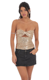 Sequin Cutout Strapless Top in Gold