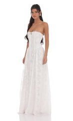 Floral Lace-Up Maxi Dress in White