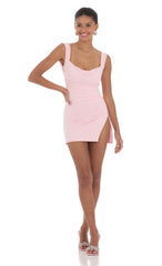 Tulle Back Bow Ruched Bodycon Dress in Pink