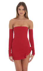 Crepe Ruffle Slit Bodycon Dress in Red