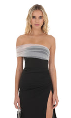 Off Shoulder Tulle Sleeve Maxi Dress in Black