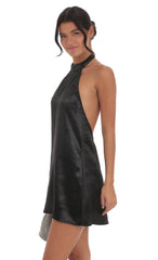 Satin Halter Shift Dress in Black