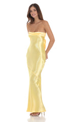 Strapless Satin Open Back Maxi Dress in Yellow