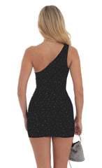 Rhinestone One Shoulder Dress in Black