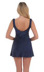 Satin V-Neck Dress in Navy