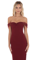 Tulle Off Shoulder Maxi Dress in Maroon