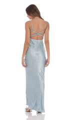 Crinkle Satin Open Back Maxi Dress in Sky Blue