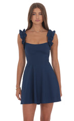 Ruffle Strap A-line Dress in Navy